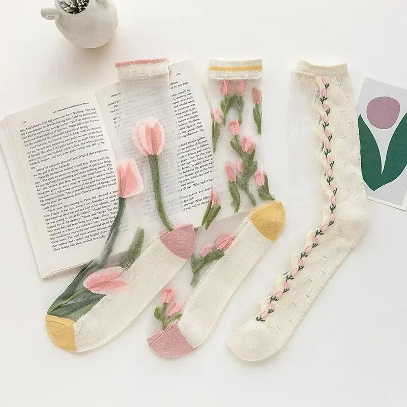 3 Pairs of Fashion Ultra-thin See-through Stockings WOMEN'S Summer Harajuku Short Socks Retro Flower Elastic Long Kawaii Socks