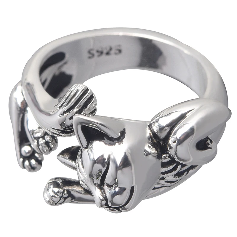 Vintage Cute Cat Rings Women Jewelry Birthday Gift Trendy Open Size 925 Sterling Silver Ring Girl Party Accessories