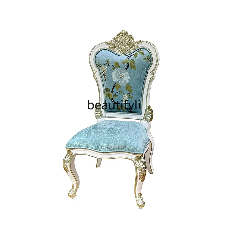 

European dining chair embroidered fabric soft bag chair, fashionable full solid wood carving flower dining table chair