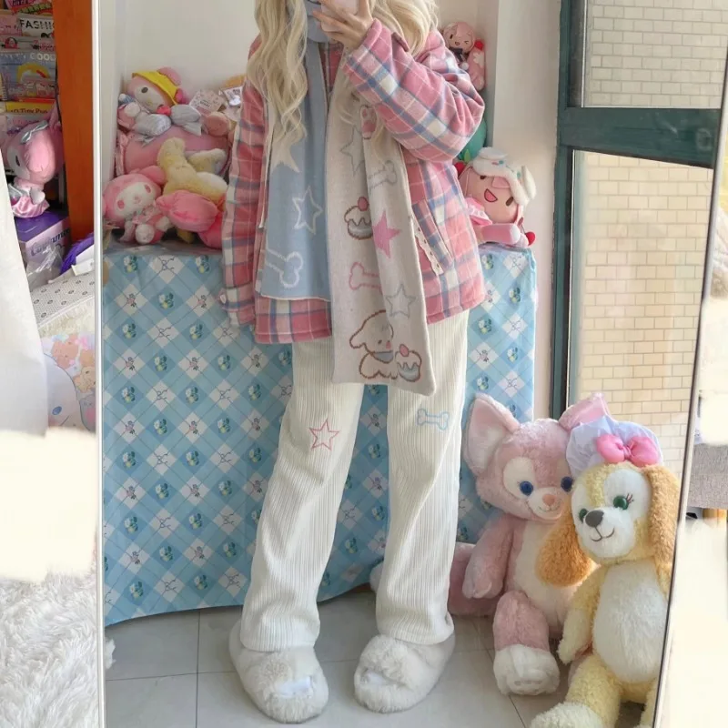 Kawaii Women Pants Printed Loose Plus-velvet Winter Soft Corduroy Students Sweet Design Chic Japanese Girls Full Length Trousers