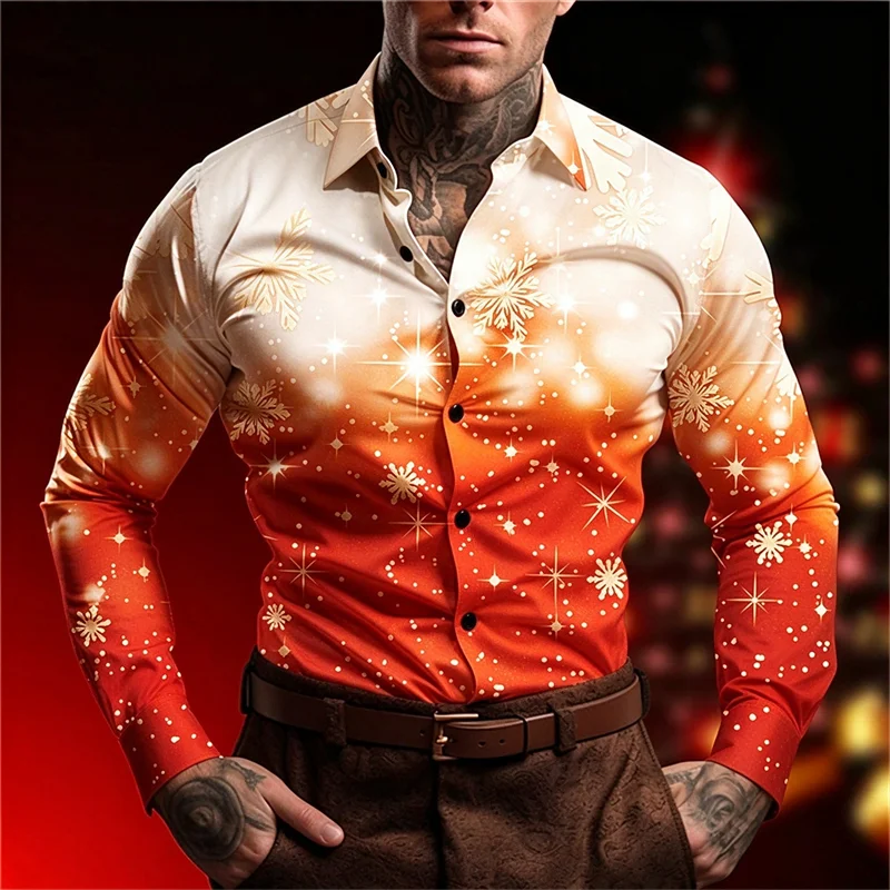 New men's Christmas shirt pink fake two piece snowflake cane candy winter green leaf print slim fit trendy men's shirt