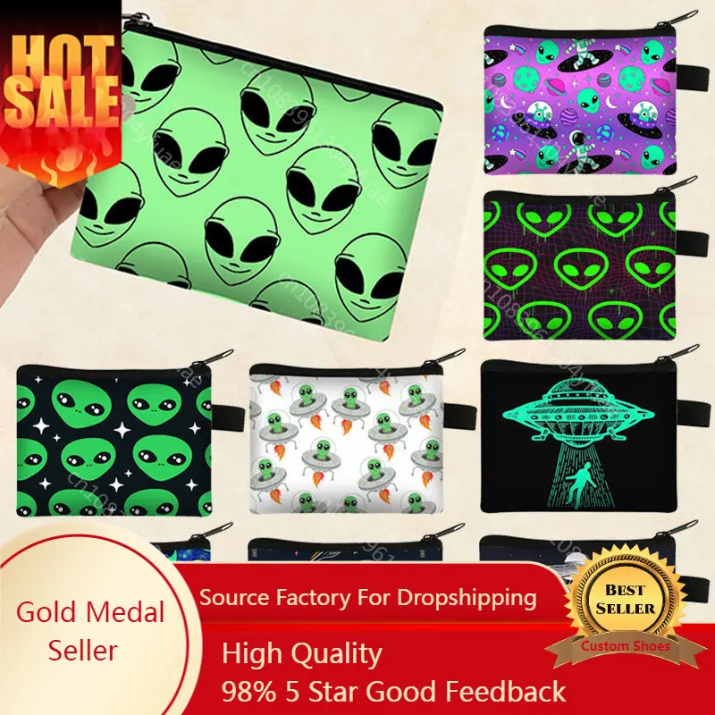 

Alien L Want To Believe Pattern Coin Bag Alien Face Coin Purse Cartoon UFO Card Key Earphone Holder Small Wallet Zipper Pouch