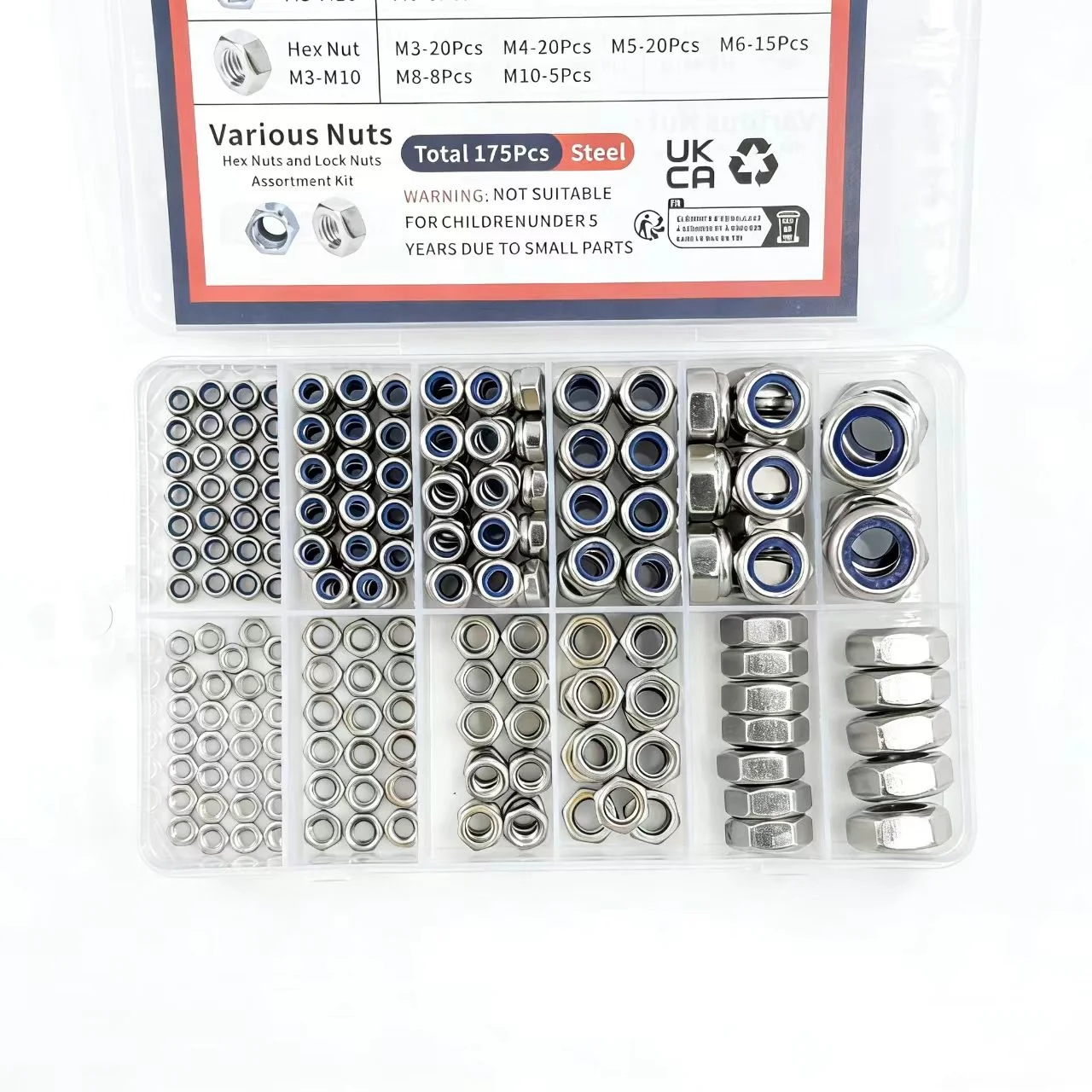Locknuts & Hex Nuts Assortment Kit M3 M4 M5 M6 M8 M10 175pcs Assorted Metric Nylon Insert Lock & Hex Nut Se