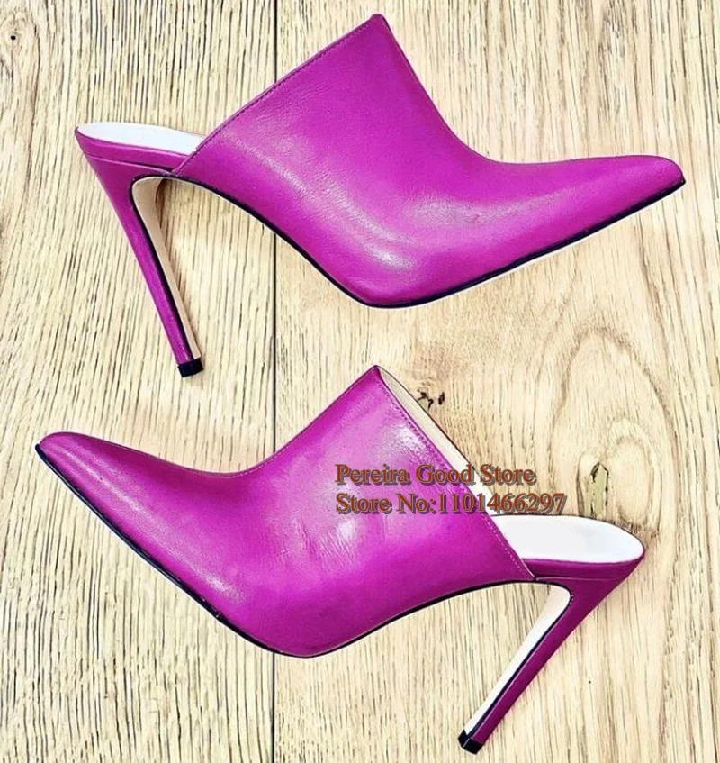 Sexy Pointed Toe Cover Heels Woman Mules Shoes Fuchsia Pink Matte Leather Slip On High Heel Pumps Drop Shipping
