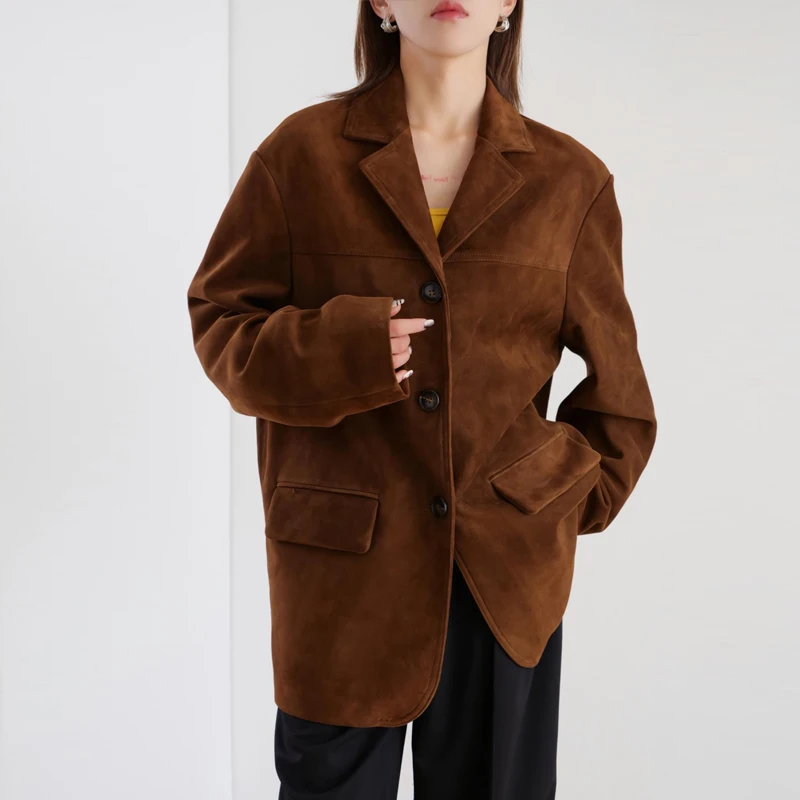 Vestes en peau de mouton véritable pour femmes, revers en peau d'agneau en daim, simple boutonnage, blazer marron vintage pour dames, vestes de combinaison, nouveau, 2024