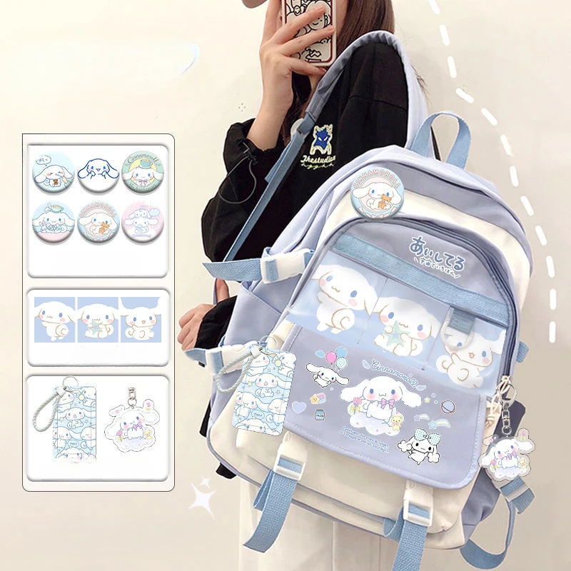 Sanrioed Cinnamoroll Anime Mochila para Crianças, Mochila Azul Grande, Bolsa Escolar Estudante Kawaii, Brinquedo de Pelúcia, Presente para Meninos e Meninas