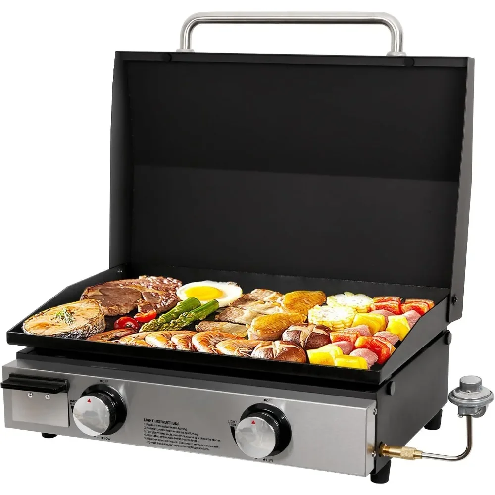 

22 in Portable Tabletop Griddle with Hood, 24,000 BTU Heavy Duty Propane Gas Griddle Grill, Non-Stick Flat Top Caming Griddle