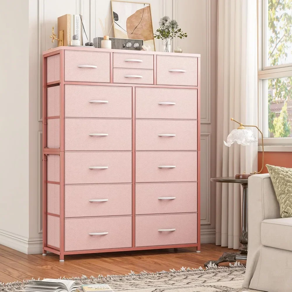 

Bedroom Dresser with 14 Fabric Drawers, Pink Dresser and Chest of Drawers, Bedroom Wardrobe Tall Dresser