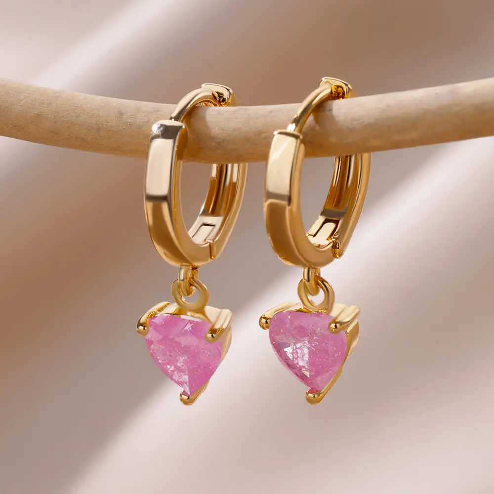 Colored Zircon Drop Hoop Earrings For Women Gold Plated Stainless Steel Heart Dainty Geometric Earring Christmas Wedding Jewelry