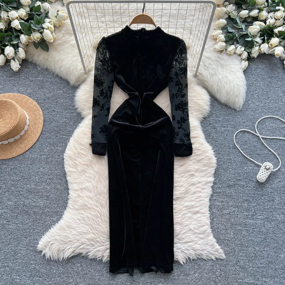 シックなヴィンテージベロアメッシュ長袖ドレスエレガントな妖精韓国ファッション秋パーティー女性服