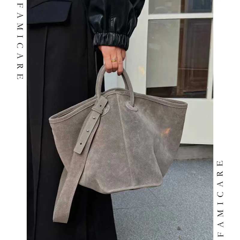 

Вместительная женская сумка-ведро из спилковой кожи, замшевая сумка-тоут, модная однотонная сумка через плечо для работы и путешествий