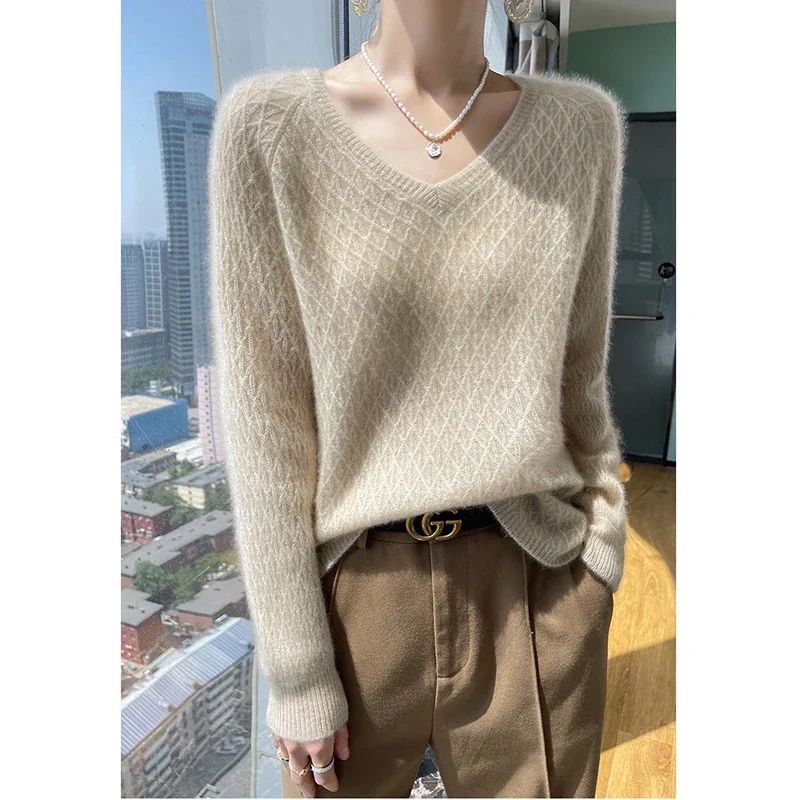 Women's V-Neck Cashmere Sweater Diamond Twist 100% Pure Cashmere Hollow Crochet Long Sleeve Loose Wool Knit Sweater
