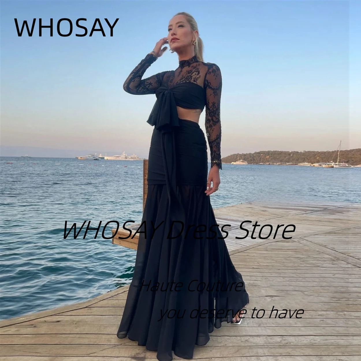 

WHOSAY Prom Dresses Customized Lace Long Sleeves Evening Party Dress High Collar فساتين سهره نسائيه فخمة