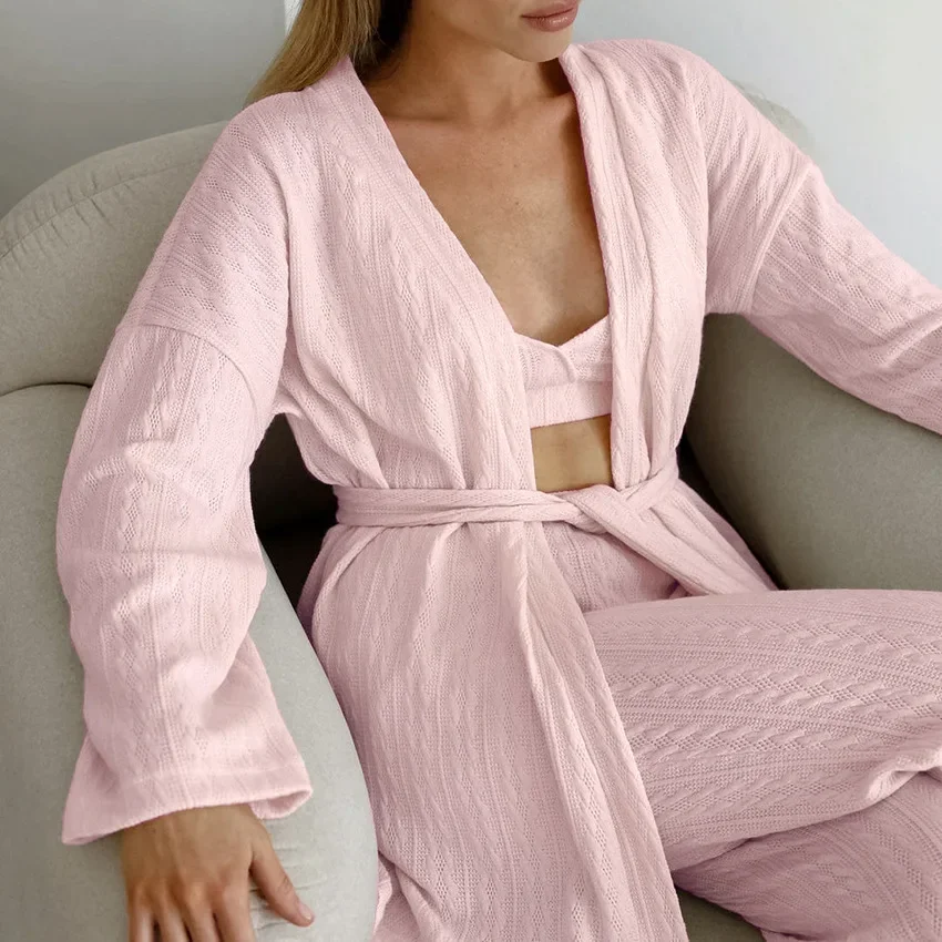 Long Sleeve Ladies Sleepwear 3 Piece Suit Sexy V-Neck Pajama Low-Cut Tank Tops Nightwear Shorts Causal Nightgowns Set