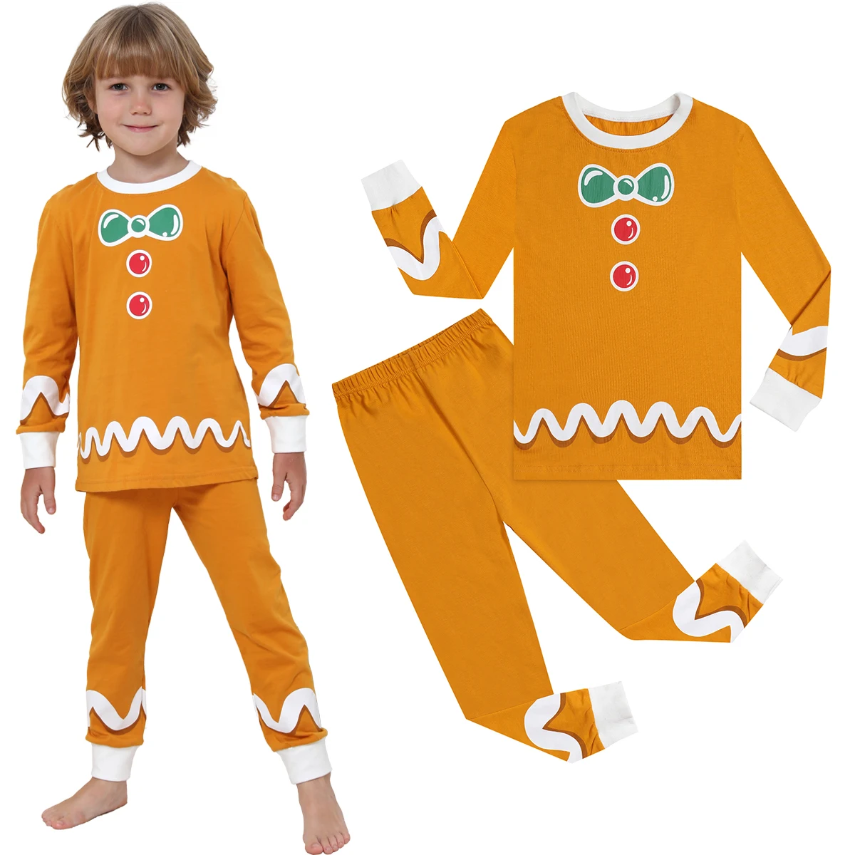 Kids Gingerbread Man Costume Boys Christmas Outfit Toddler Halloween Cosplay Clothes Girls Funny Theme Party Long Sleeves Set