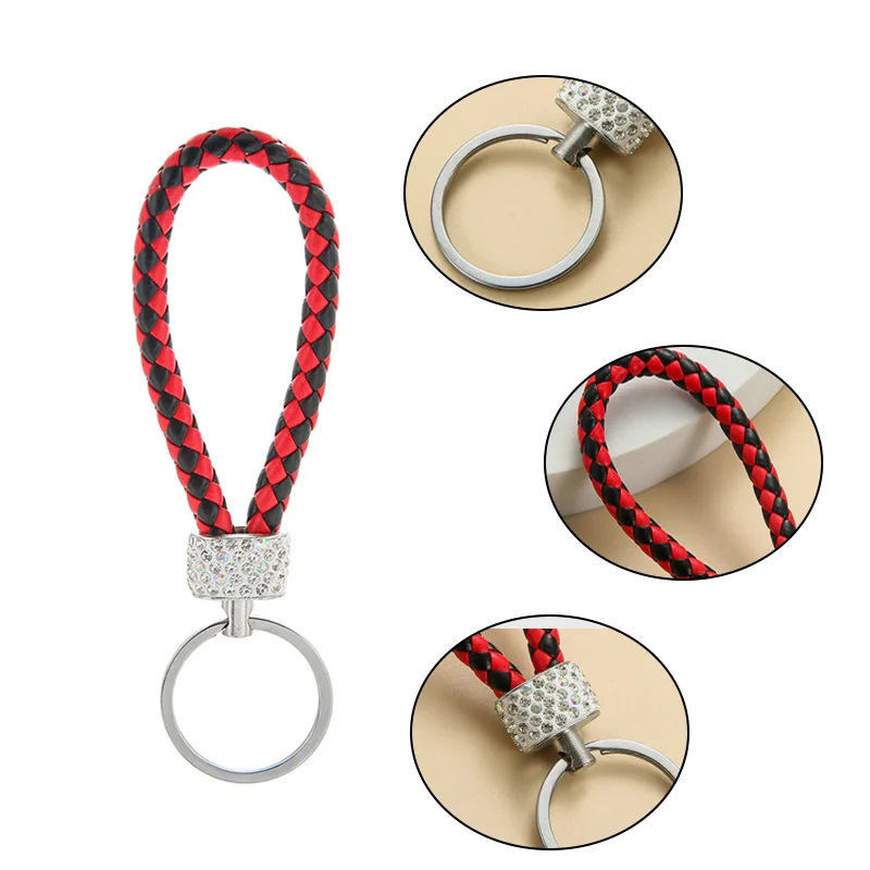 PU Leather Braided Woven Rope Keychain For Women Rhinestones Wrist Strap Key Chains DIY Car Bag Pendant Keyring Jewelry Gift
