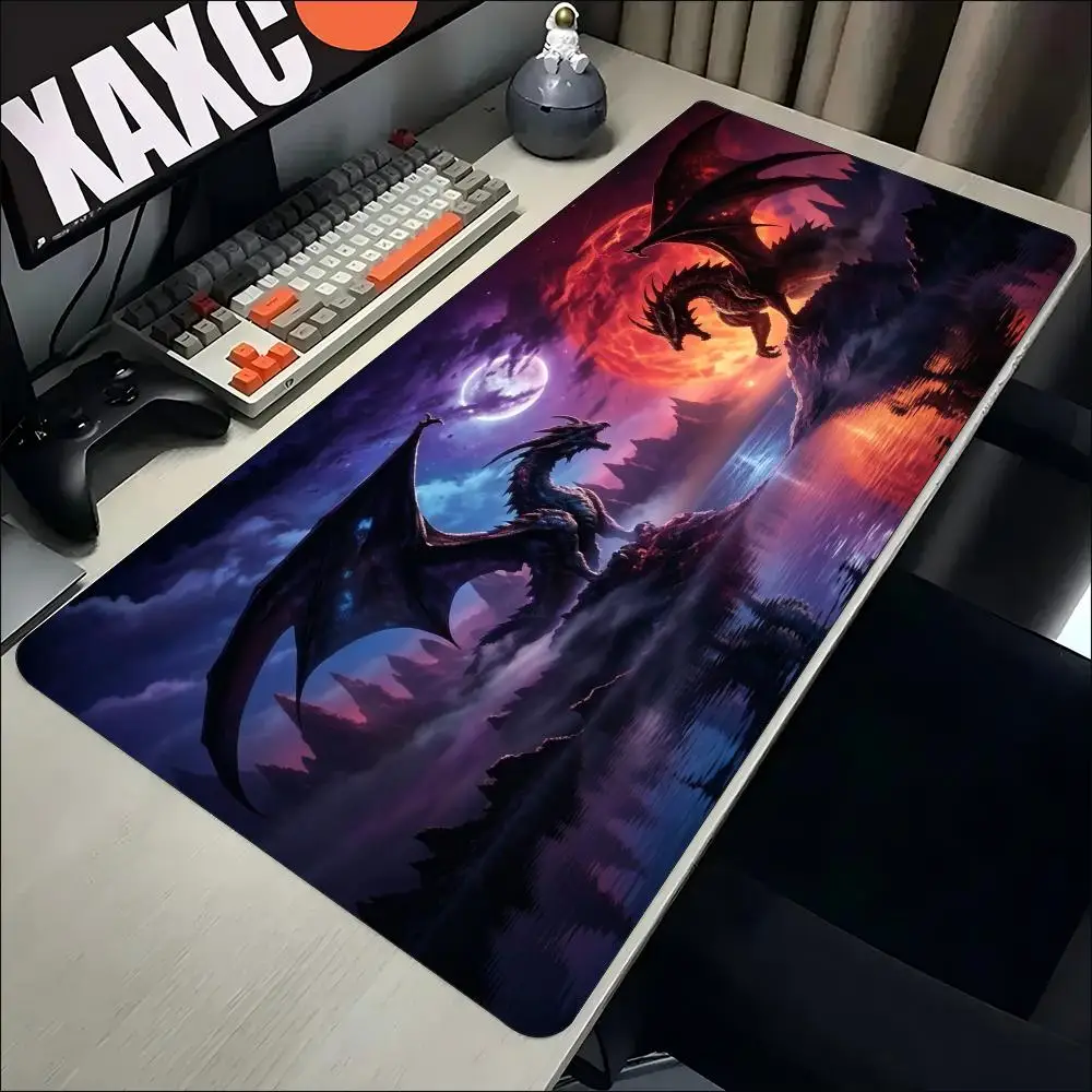 Dark Fantasy Dragon Gaming Mouse Pad Non‑Slip Rubber Desk Mat Blood Moon Mountain Mythical Creature Art For Laptop PC Gaming