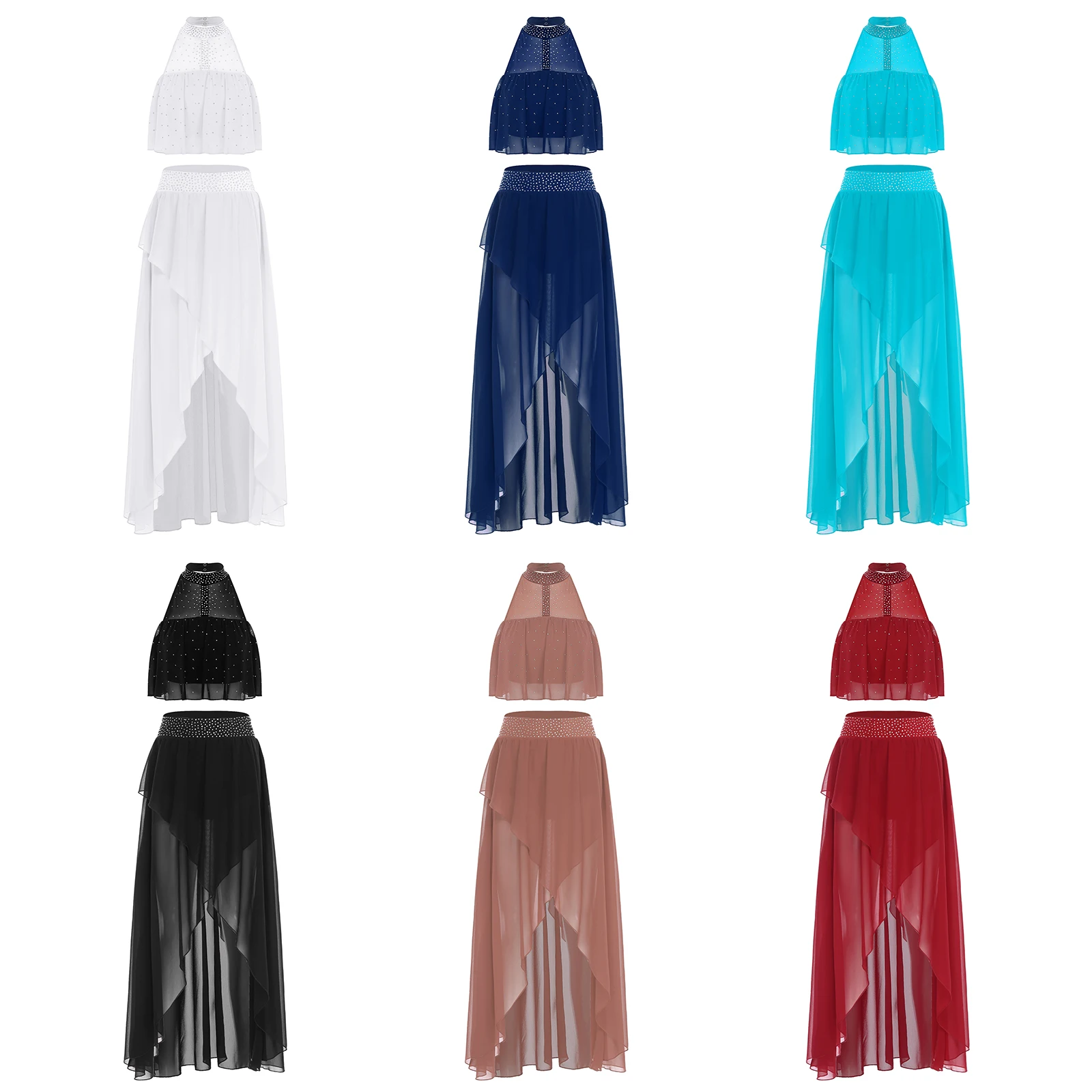

Women Chiffon Halter Sleeveless Rhinestones Tank Tops with Skirt Outfits for Lyrical Jazz Dance Costume Skating Performance Sets
