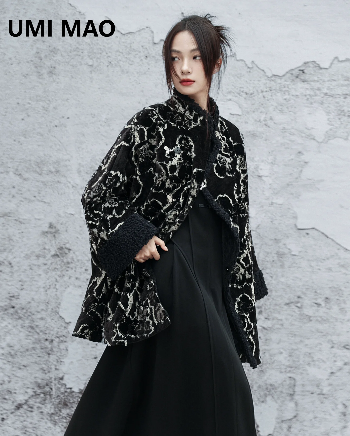 UMI MAO Lambskin Jacquard Blazer Women's New Winter Designer Oversized Drop Shoulder Snowy Fleece Top Femme