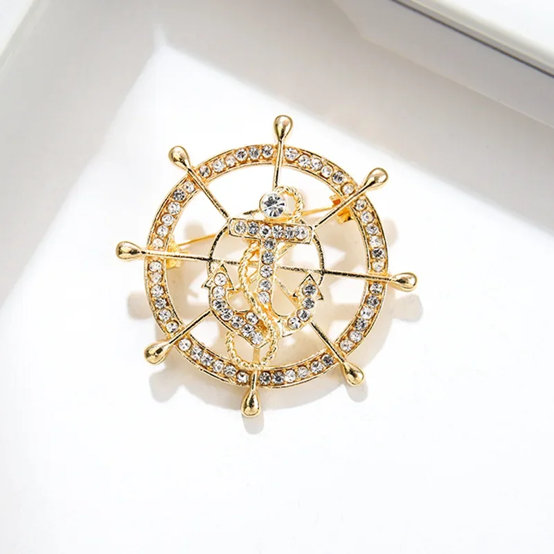 Exquisite Crystal Rudder Sailor Brooch Men\'s Trendy Business Suit Dress Pin Fashion Shirt Collar Badge