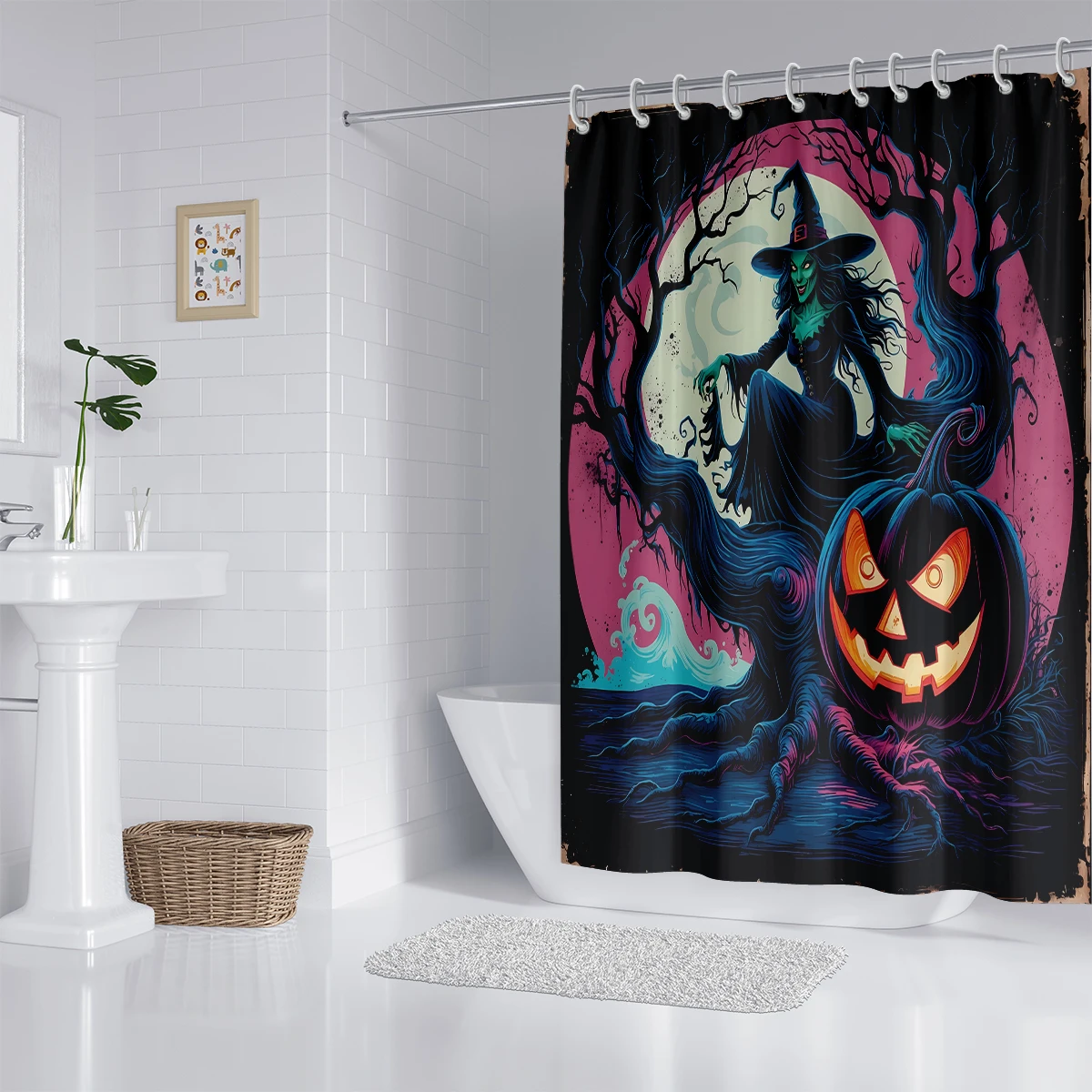 1PC Halloween themed elements Series Pattern Shower Curtain,Washable Waterproof Shower Curtain,12 hooks,Family Bathroom Decor