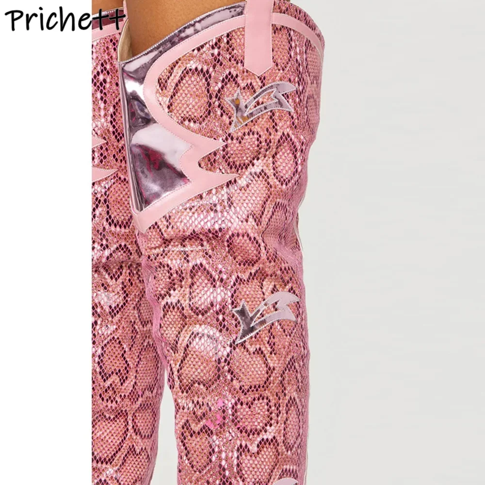Pink Patchwork Snakeskin Boots Pointy Toe Chunky Heels Leather Over The Knee Boots Sexy Fashion Winter Runway Long Shoes