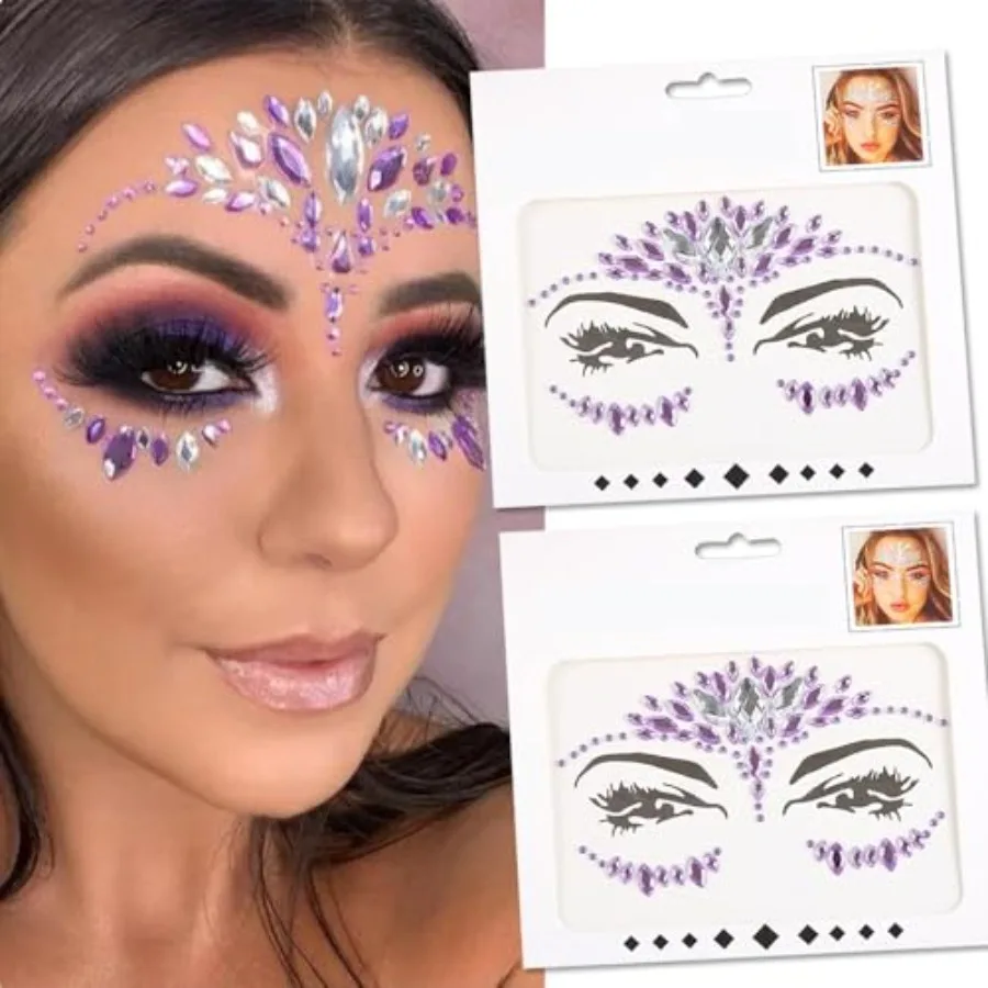 Purple Rhinestone Face Stickers 2-Pack Self-Adhesive Face Gems for Party, Prom, Halloween and Birthday Temporary Tattoo Jewelry