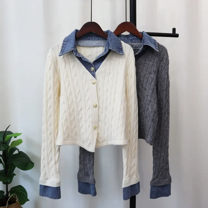 

Women Clothing Spliced Turn Down Collar Long Sleeve Jumpers Single Breasted Knitting Sweater Loose Button Basics Cardigan