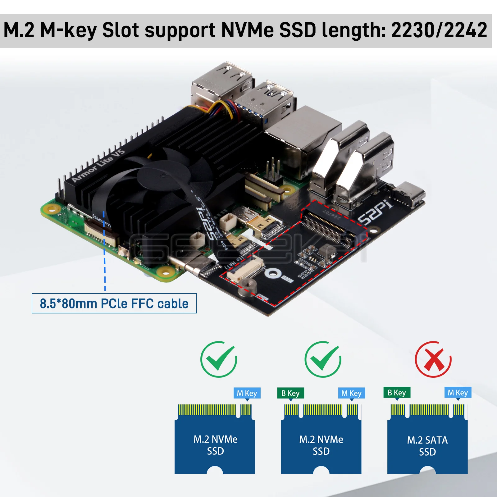 Raspberry Pi 5 Micro HDMI auf HDMI Multifunktionsadapter mit PCIe 3.0 x 1 M.2 NVMe 2230/2242 für RPI5