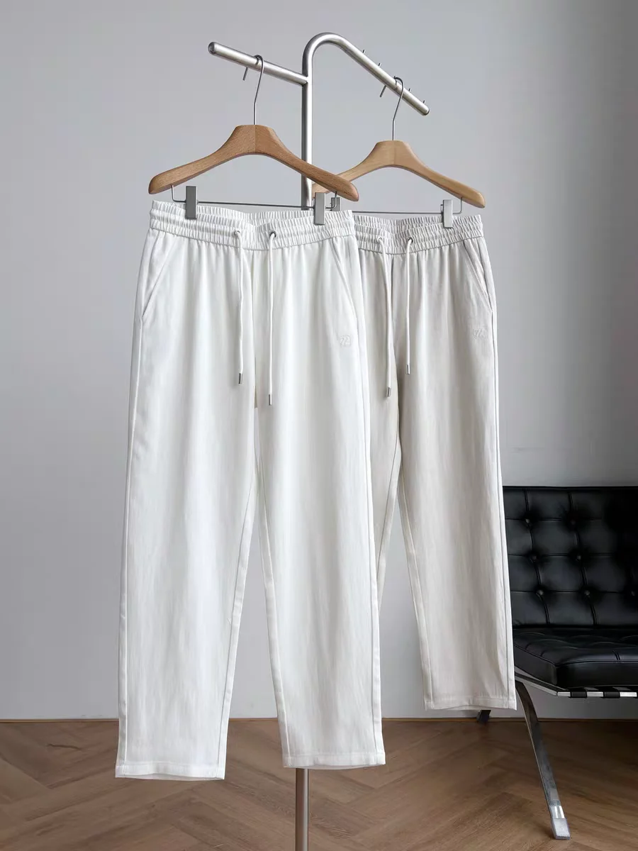 

High Quali Linen Silk Men's Casual Pants Italian Sle Loose Waist Rope Straight Leg Summer High Waist Neutral Color
