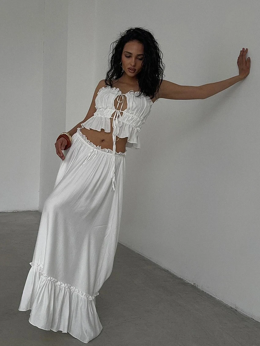 Marthaqiqi Summer Ladies Sleepwear Set Spaghetti Strap Pajama Tank Top Pyjamas Lace Up Nightwear Long Skirts Casual Home Clothes