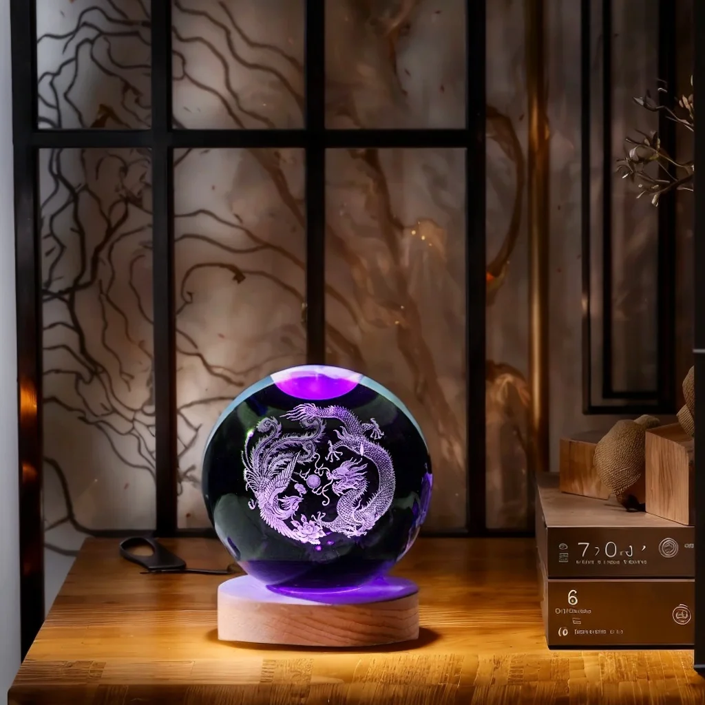 1pc 3D laser engraving ‌‌‌‌‌ dragon Phoenix auspicious, crystal ball night light, modern polished glass decoration, Christmas, H