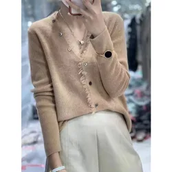 Nuovo cardigan lavorato a maglia in cashmere con scollo a v e nappa alla moda donna autunno e inverno cappotto maglione maglione allentato coreano slim top