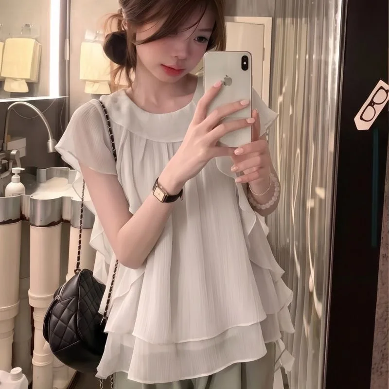 Loose round Neck Midi Shirt Women's plus Size Korean Style  Mint Green Flounce Sleeve Casual Summer Top
