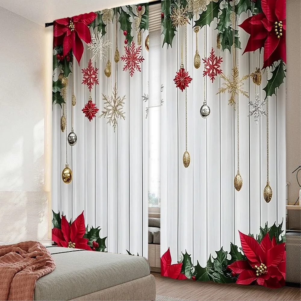 2 Stück 2D-Flachdruck-Vorhänge für frohe Weihnachten, festliche Girlande (3), digital bedruckte Polyester-Vorhänge, Geburtstagsfeier für