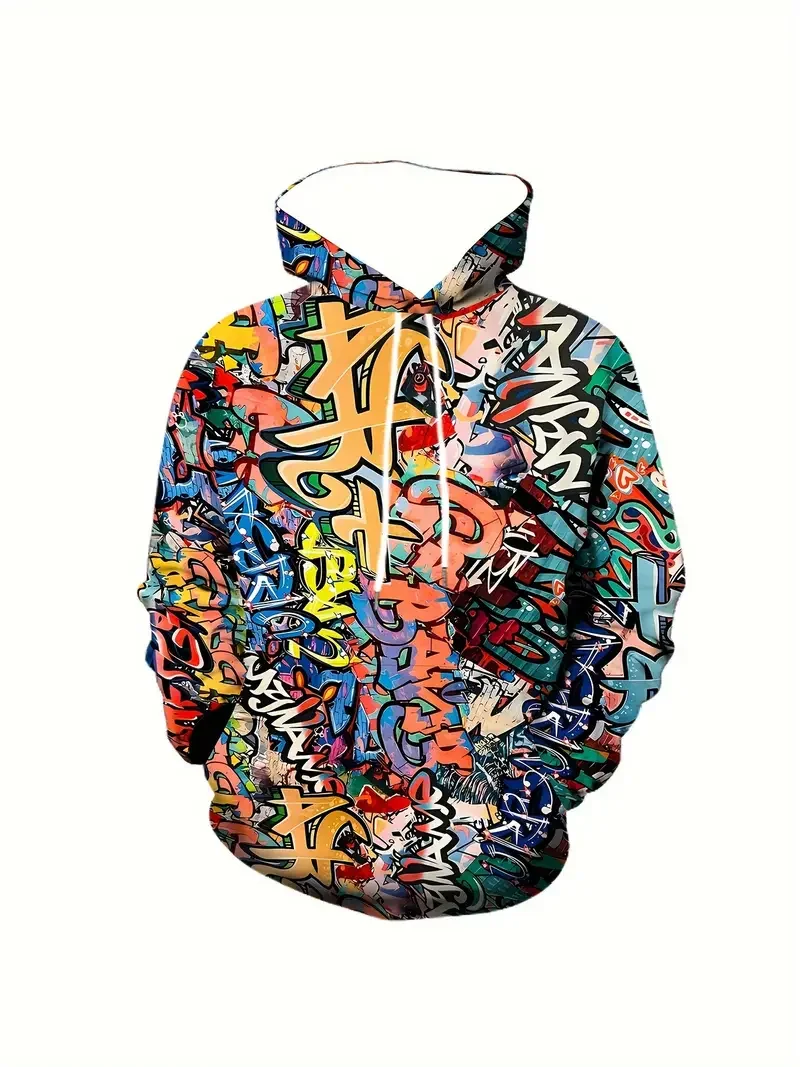 2024 New Men's Painted Graffiti Flow Printed Hoodie Casual Trendy Long Sleeve Sports Top Street Men's Colorful Pattern Hoodie