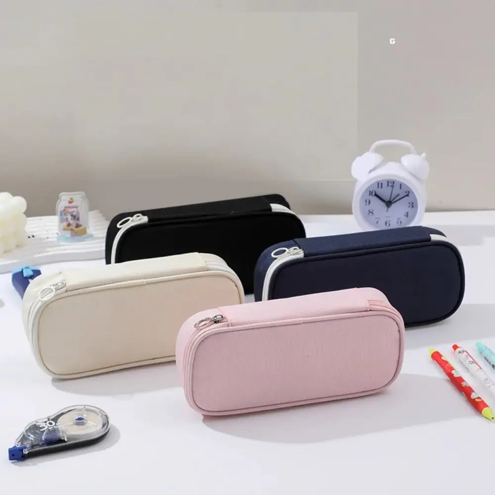 Large Capacity Minimalist Pen Bag Zippered Oxford Cloth Solid Color Pencil Pouch Space Saving Multi-functional