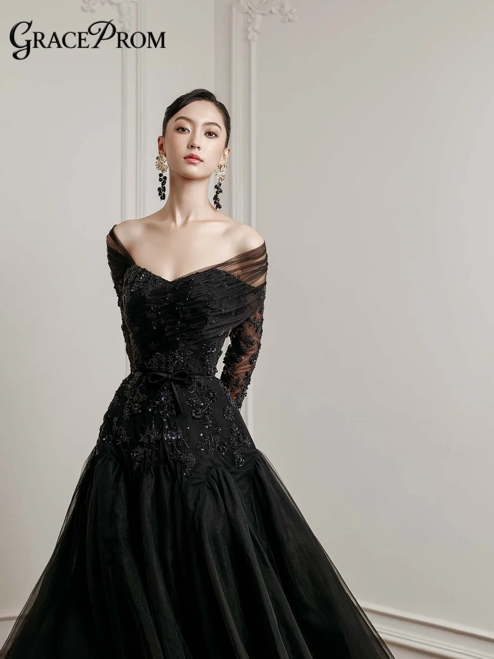 

Glamorous Lace Party Dress 2026 Off Shoulder Sheer Sleeves Beaded Bodice Flowing Evening Gown For Wedding Guests فساتين سهرة