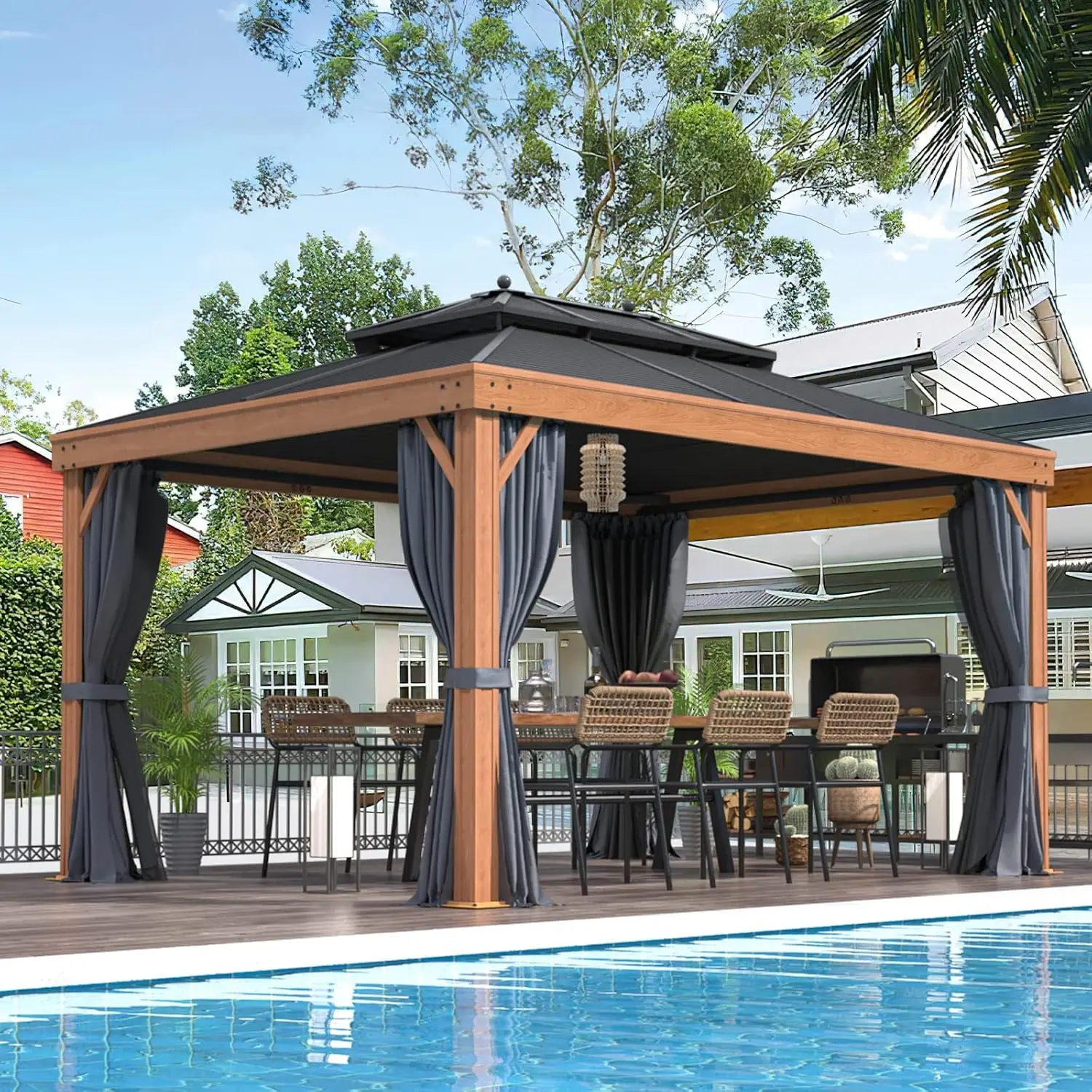 10 X13 Hardtop Gazebo Outdoor Aluminum Wood Grain Galvanized Steel Roof Mosquito Net Patio Deck Backyard Curtains Netting