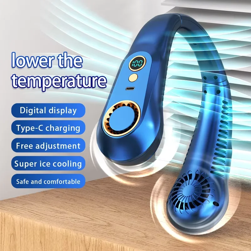 

Portable Mini Hanging Neck Fan 3000mA Bladeless Neckband Digital Display Power 5 Gear Air Cooler USB Rechargeable Electric Fans