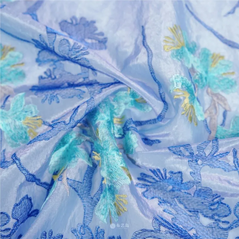 High-end custom-made heavy embroidery purple-blue phantom color single-sided positioning skirt fabric dress half and evening