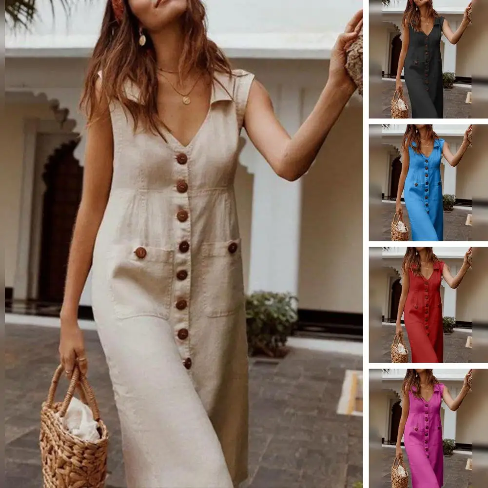 Summer Women Lapel V-neck Shirt Dress Sleeveless Single Breasted Pockets Soft Midi Dress Streetwear Autumn Cotton Linen Oversize