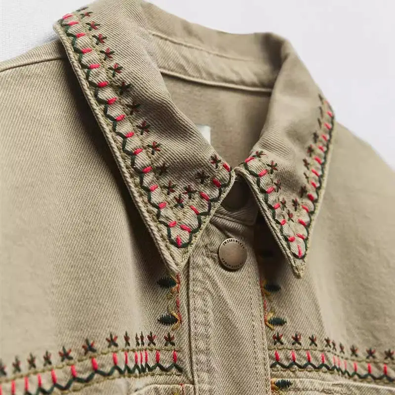 가을 신상 다용도 프레이드 자수 장식 고급 셔츠 재킷 루즈핏 데님 원단 긴팔 폴로 칼라