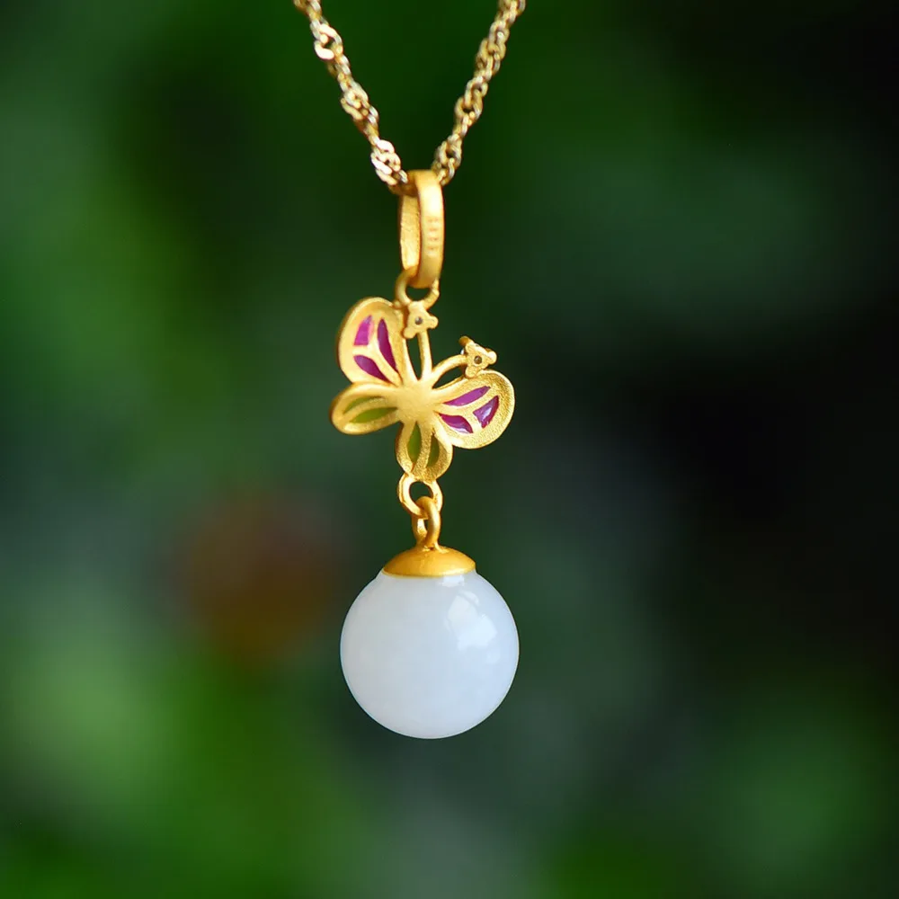 

GL Chinese Style Hanfu Ancient Style Pearl Jade Pendant 925 Silver Gold-Plated Cold Enamel Butterfly Inlay Natural Hetian Jade