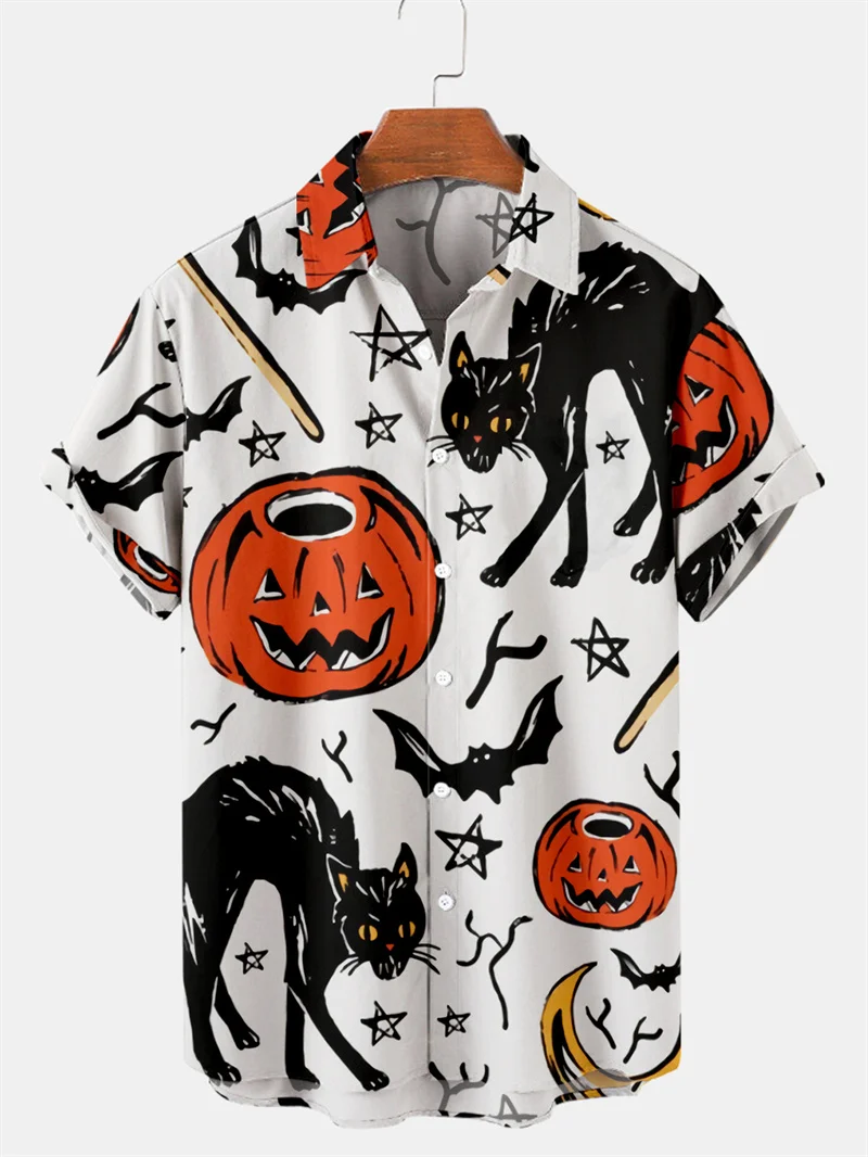 Halloween Pumpkin Head Print Summer Men\'s Shirts Casual Oversized Short Sleeve Fashion Single-Breasted Blouses Trend Men Clothes