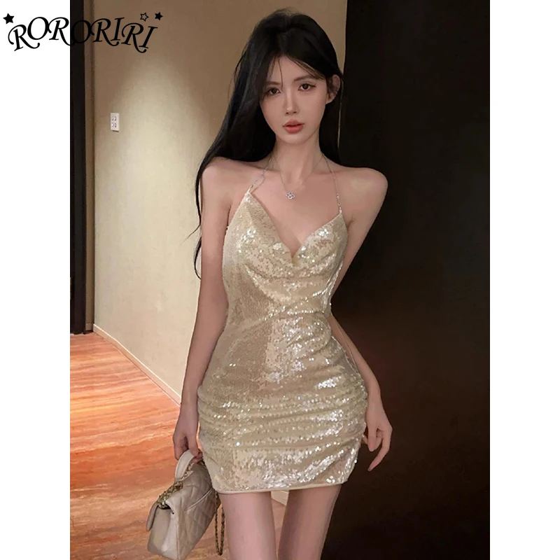 RORORIRI Glitter Sequin Chain Halter Mini Dress Women Cowl Neck Backless Pleated Ruched Slim Bodycon Sexy Evening Party Clothes