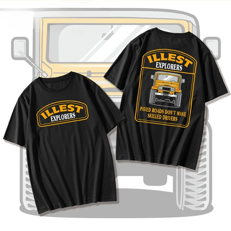 Best Sale Ins Brand Ile 2026 St New American Retro Camping-style Multi-purpose Off-road Car Print Cotton Round-neck T-shirt