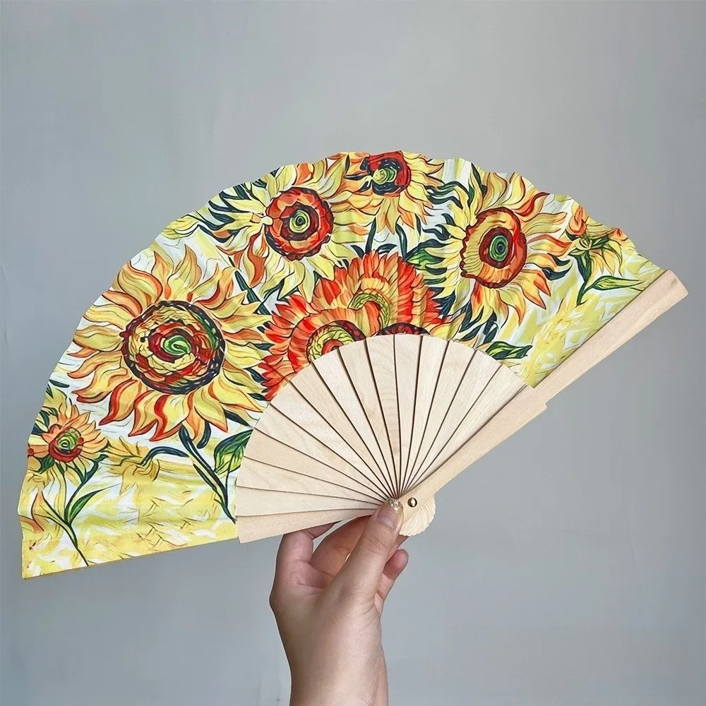 Home Ornament Sunflower Folding Fan Handheld Collapsible Cloth Fan Retro Handwork Design Dance Fan Dancing Prop