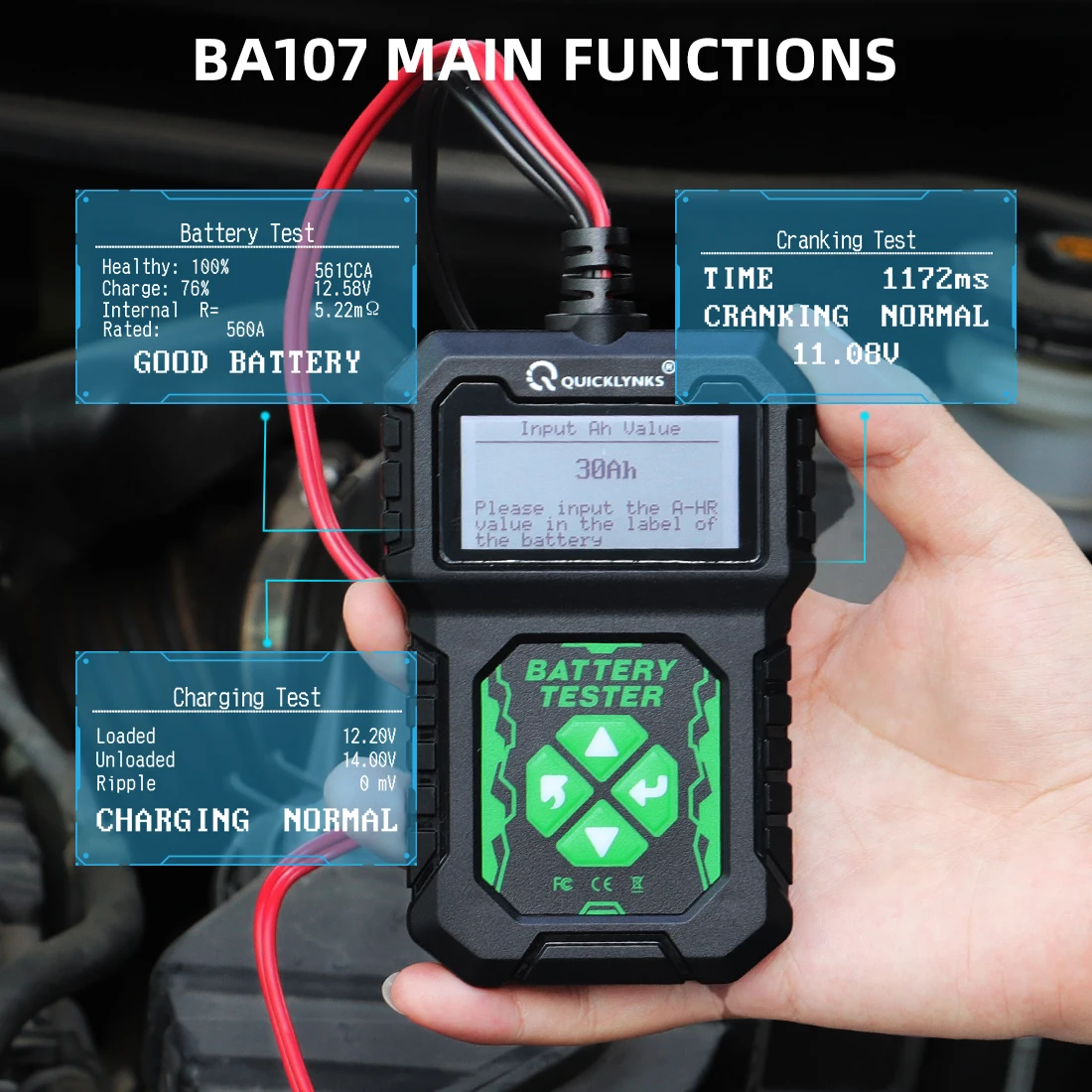 QUICKLYNKS BA107 Car Battery Tester 12V 100-2000CCA Cranking Charging System Tester Auto Battery Analyzer Car Tools PK KW208