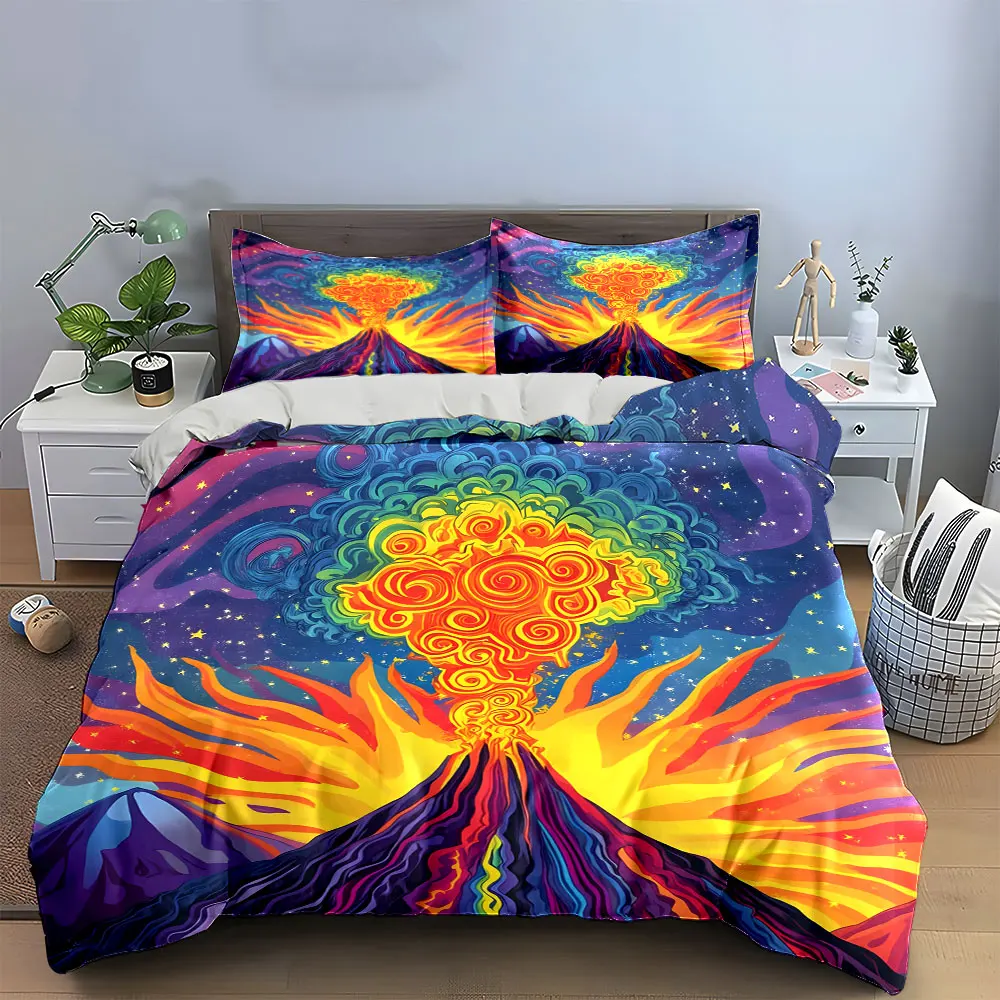 Ensemble de literie psychédélique volcanique 3 pièces, housse de couette imprimée avec motif d'éruption de lave tourbillonnante arc-en-ciel + 2 taies d'oreiller, excellent cadeau